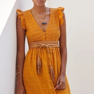 Anthropologie Mustard Yellow Smocked V-Neck Peregrine Midi Dress